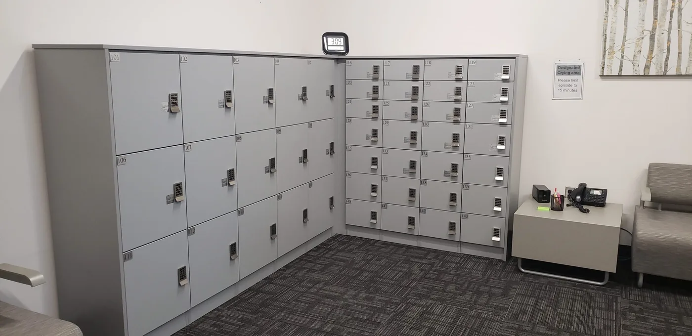 Keypad day-use lockers supplied by Material Handling USA at a Utah State University testing center