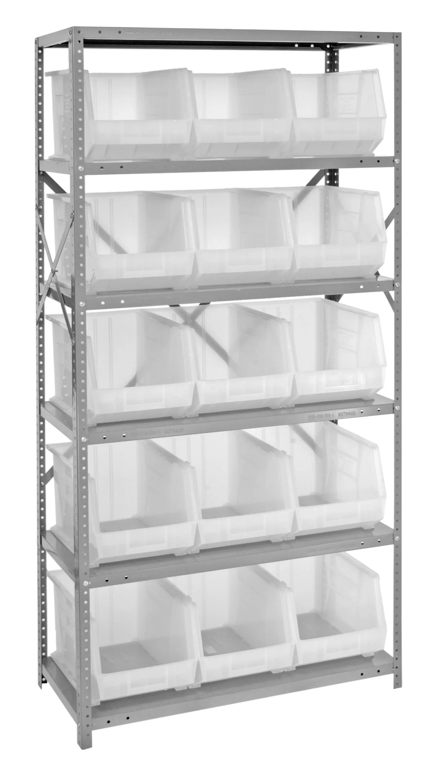 Steel shelving unit with five shelves of clear plastic open-hopper bins for small parts storage