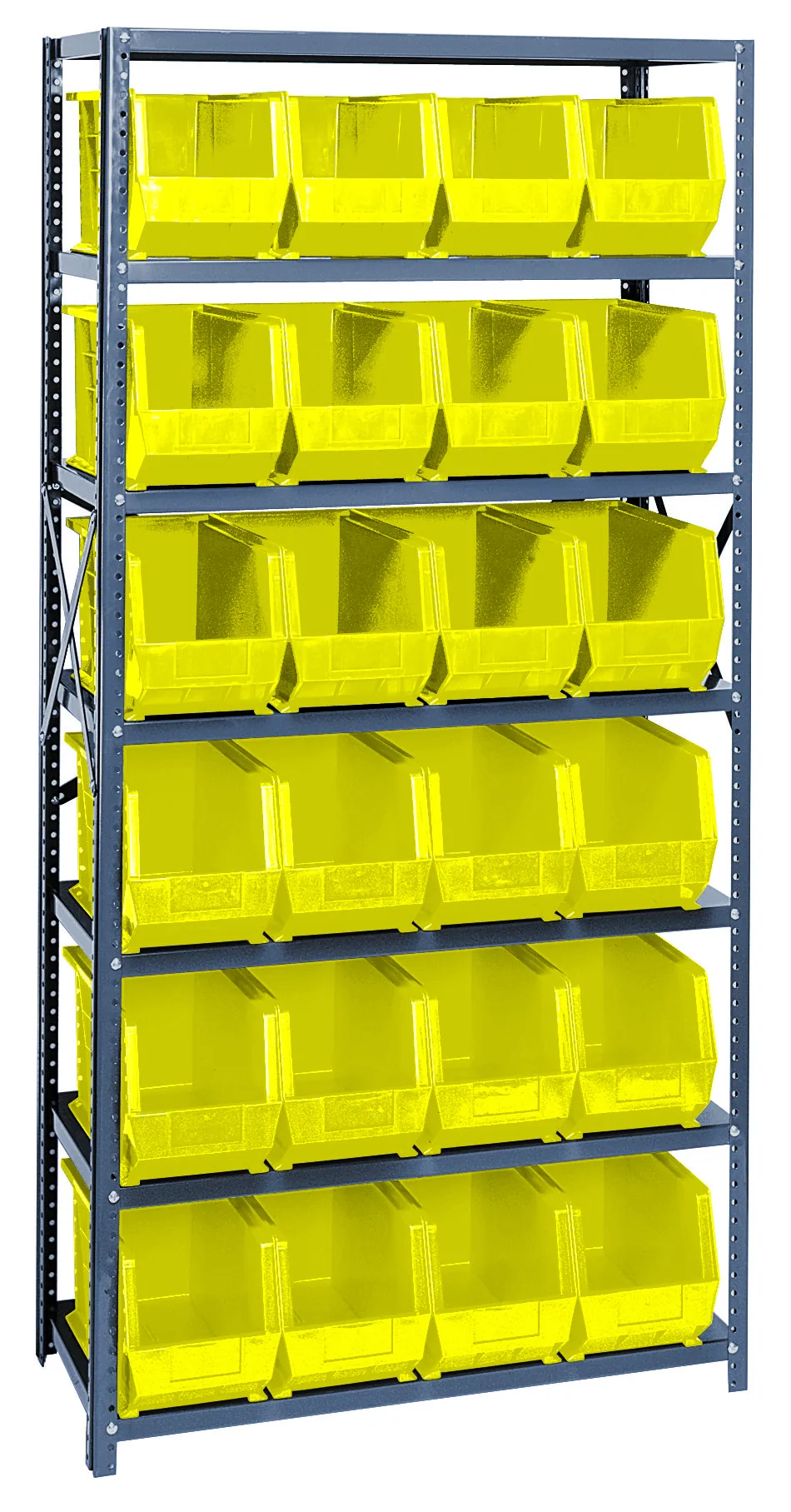 Quantum steel shelving unit with seven shelves of yellow deep hopper bins