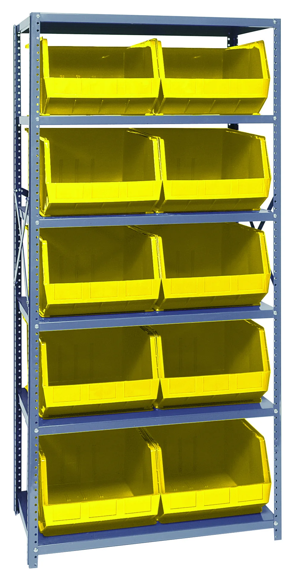 Quantum galvanised steel shelving unit with six shelves of large yellow hopper bins