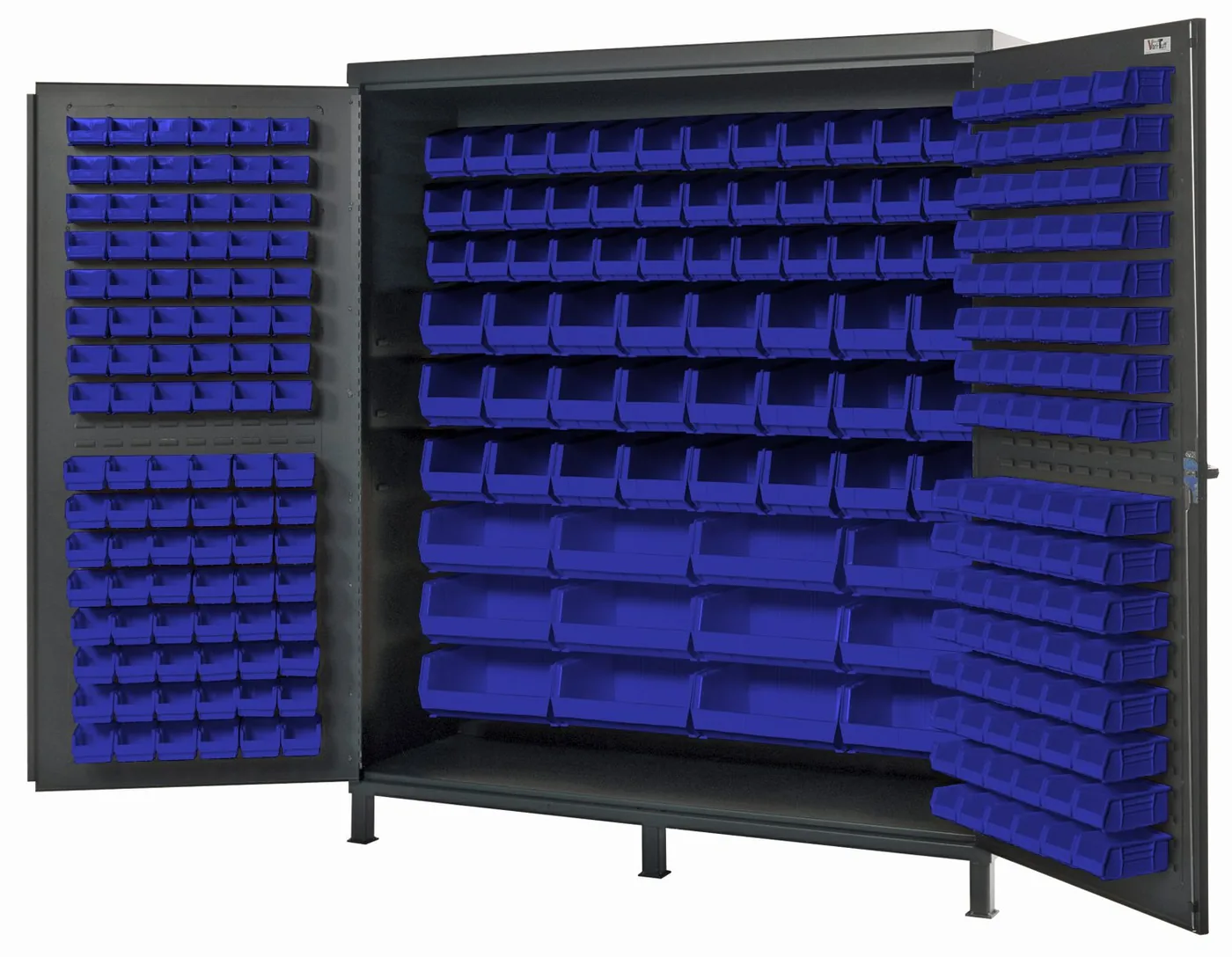 Gray steel bin cabinet with both doors open showing rows of blue bins for small parts