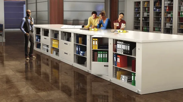 Representative row of rotary filing cabinets in an office