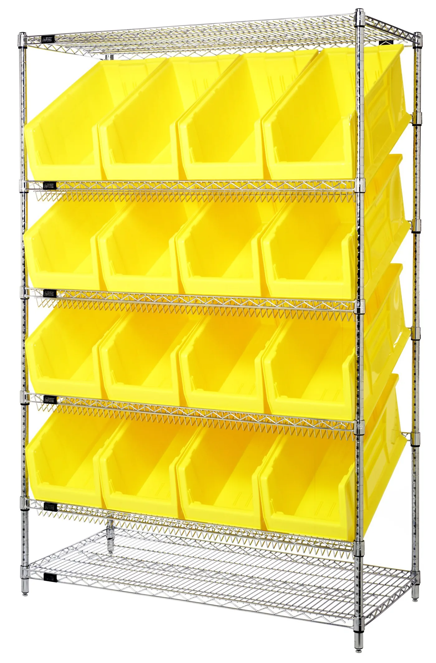 Chrome wire shelving unit with slanted shelves holding large yellow plastic bins
