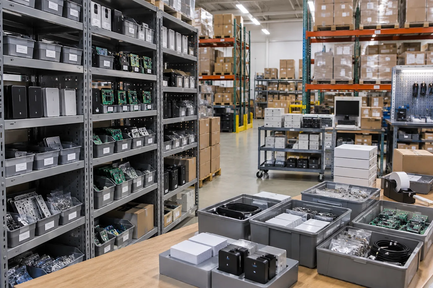 Shelving and bins holding kitted hardware and components in a staging area of a fabrication warehouse