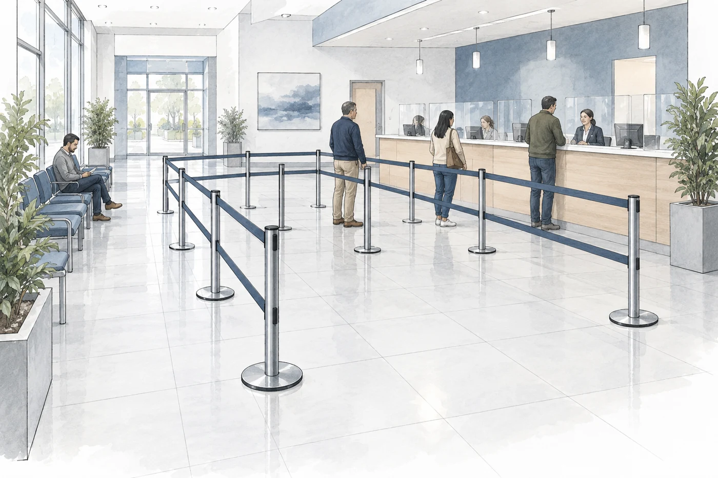 AI-generated planning illustration: A public service lobby queue formed by stanchions with two horizontal belts on each span, a wide clear approach and open turning area near a service counter; no measurements or compliance seals