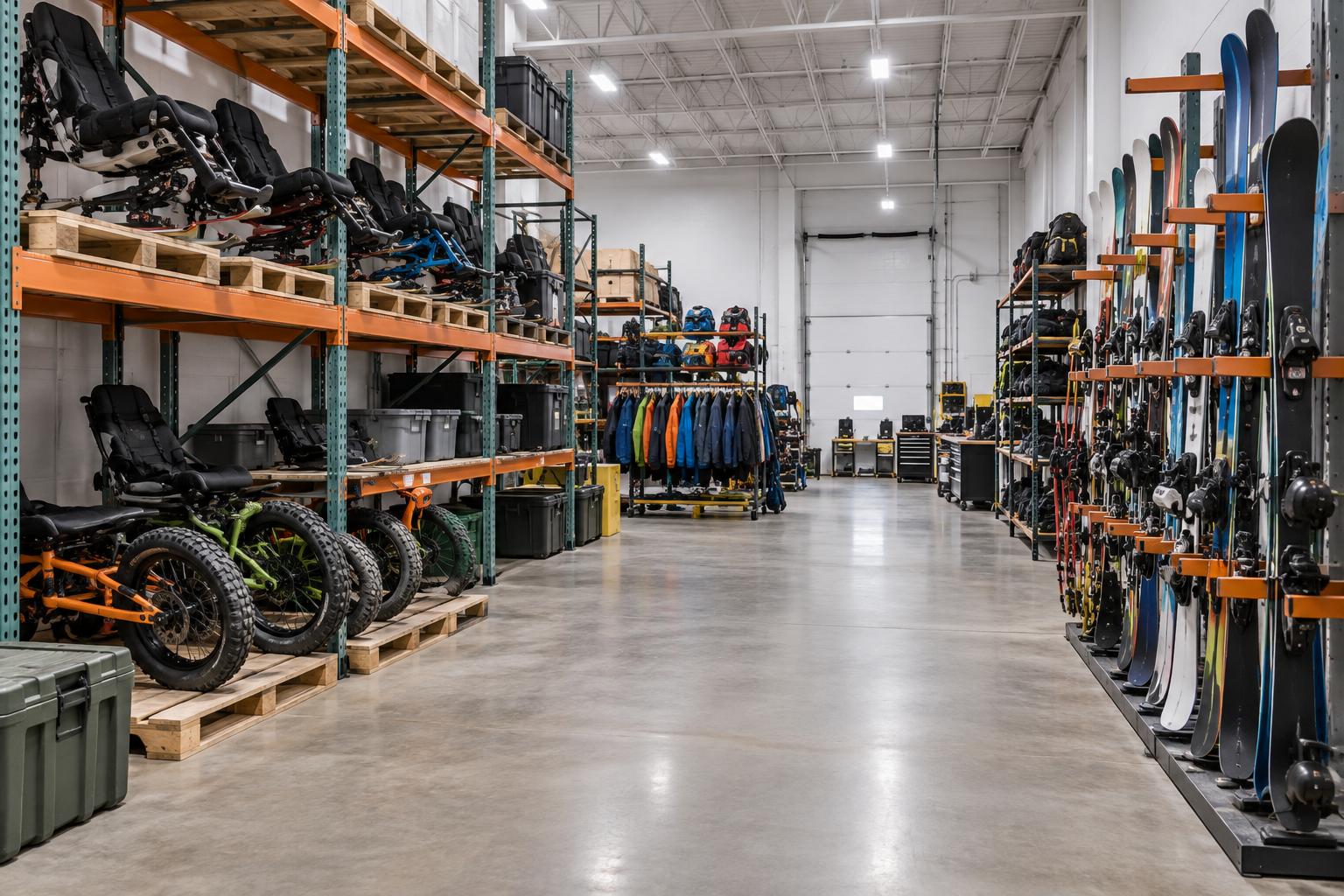 Pallet racking and cantilever racking holding adaptive skis, sit-skis and adaptive bikes in a gear storage warehouse