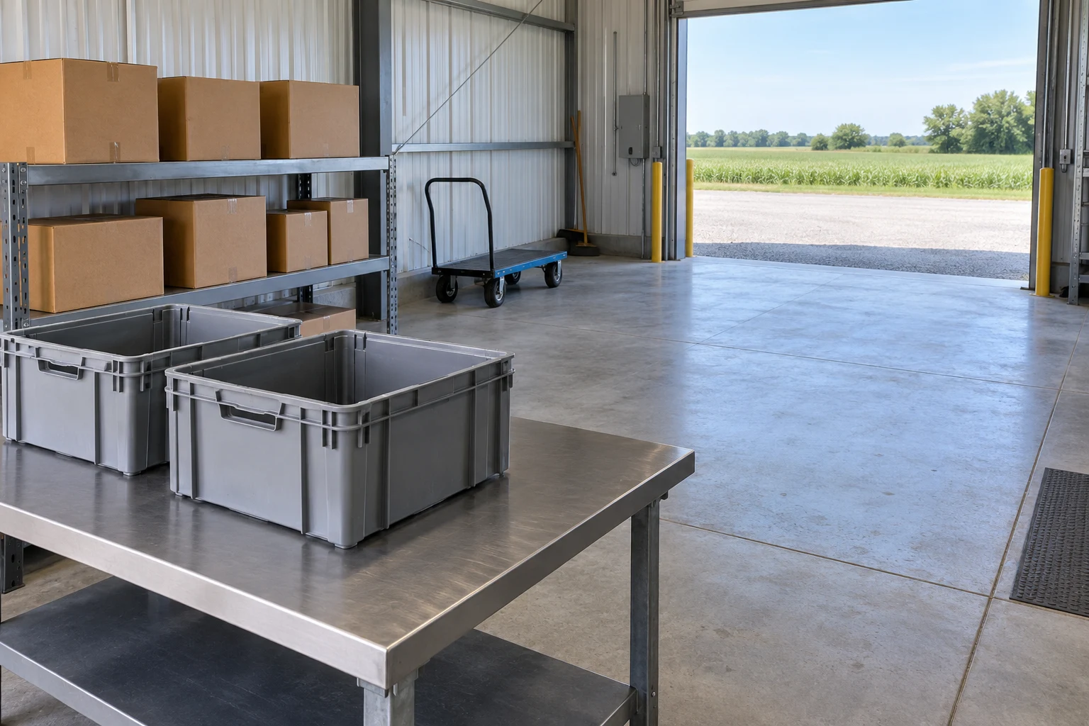 AI-generated receiving area with empty totes and parts boxes