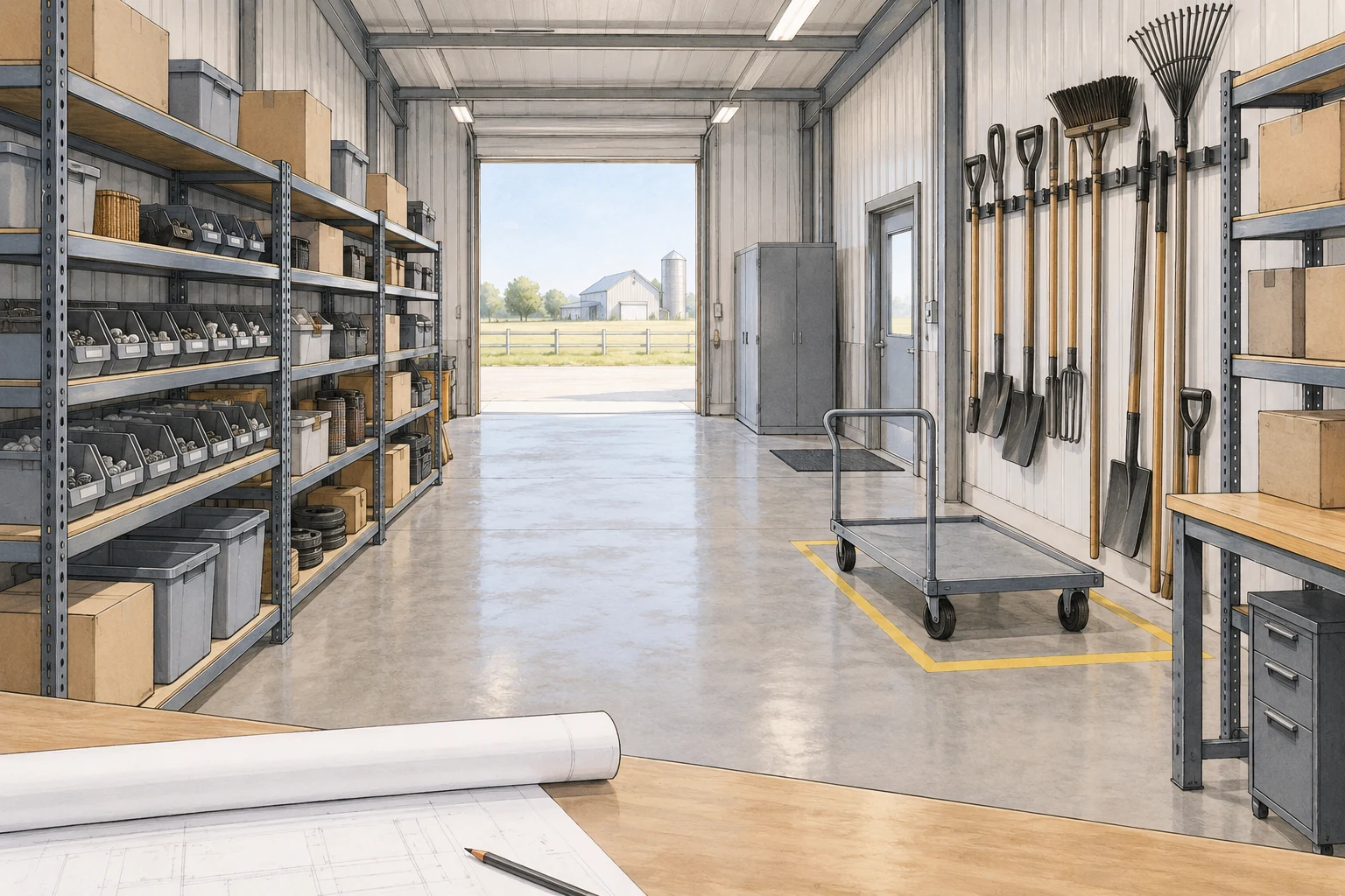 AI-generated agricultural equipment storage planning drawing