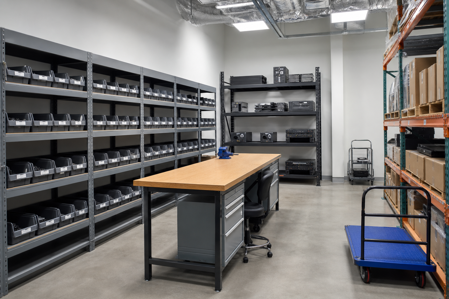 Data center tool room shelving and workbenches
