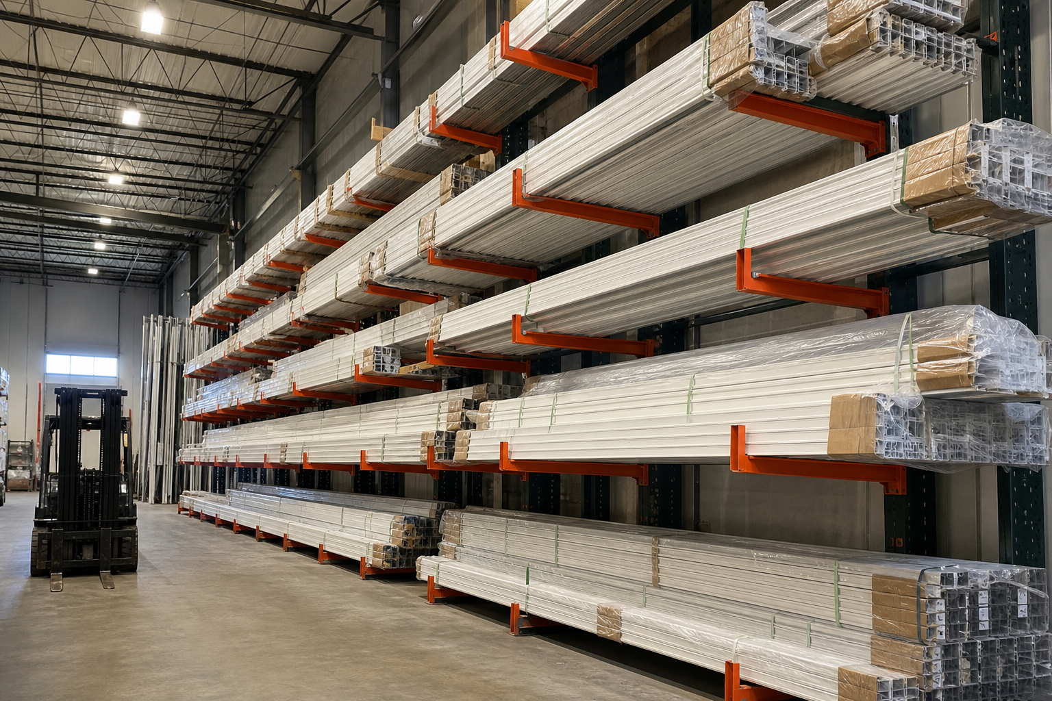 Bundles of long aluminum extrusions stored on orange cantilever rack arms in a warehouse