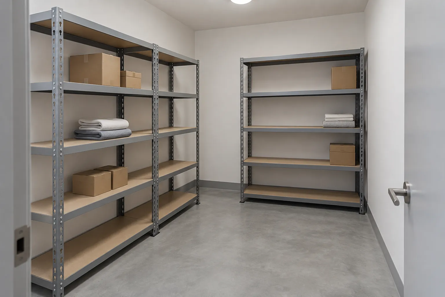 Grey boltless shelving units with five particle board levels in a clean apartment building storage room