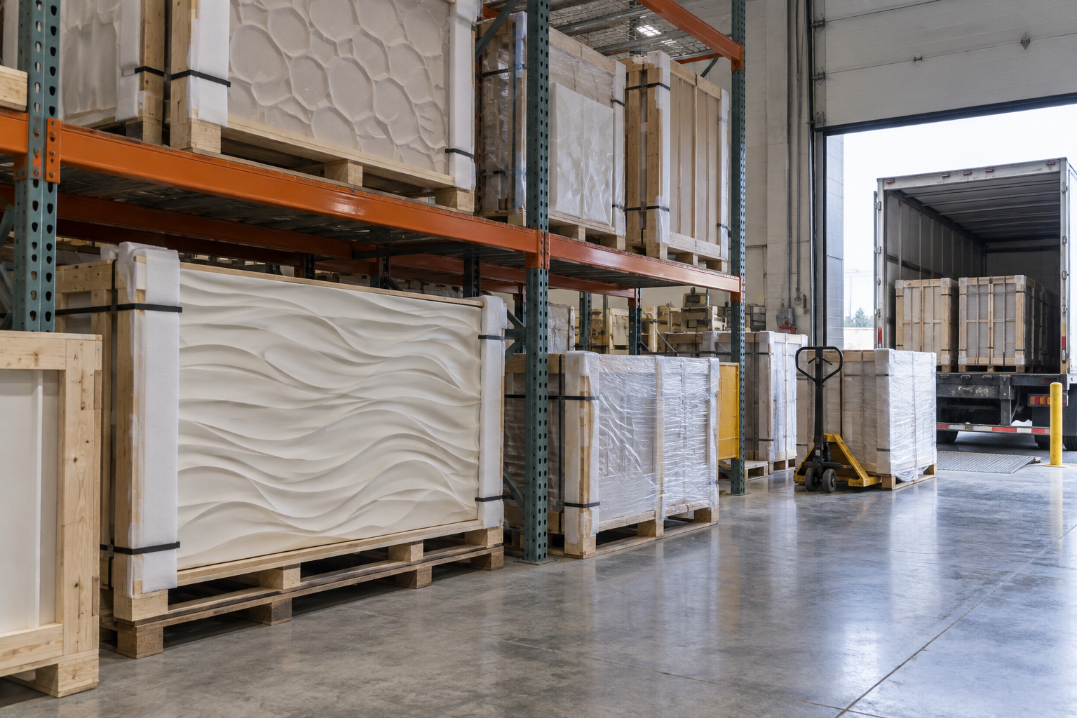 Steel pallet racking holding crated finished architectural resin panels staged near a loading dock for outbound shipment