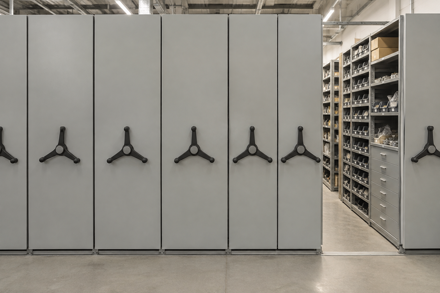 Front-facing mobile shelving carriage ends with handwheels in an architectural millwork company's central storeroom
