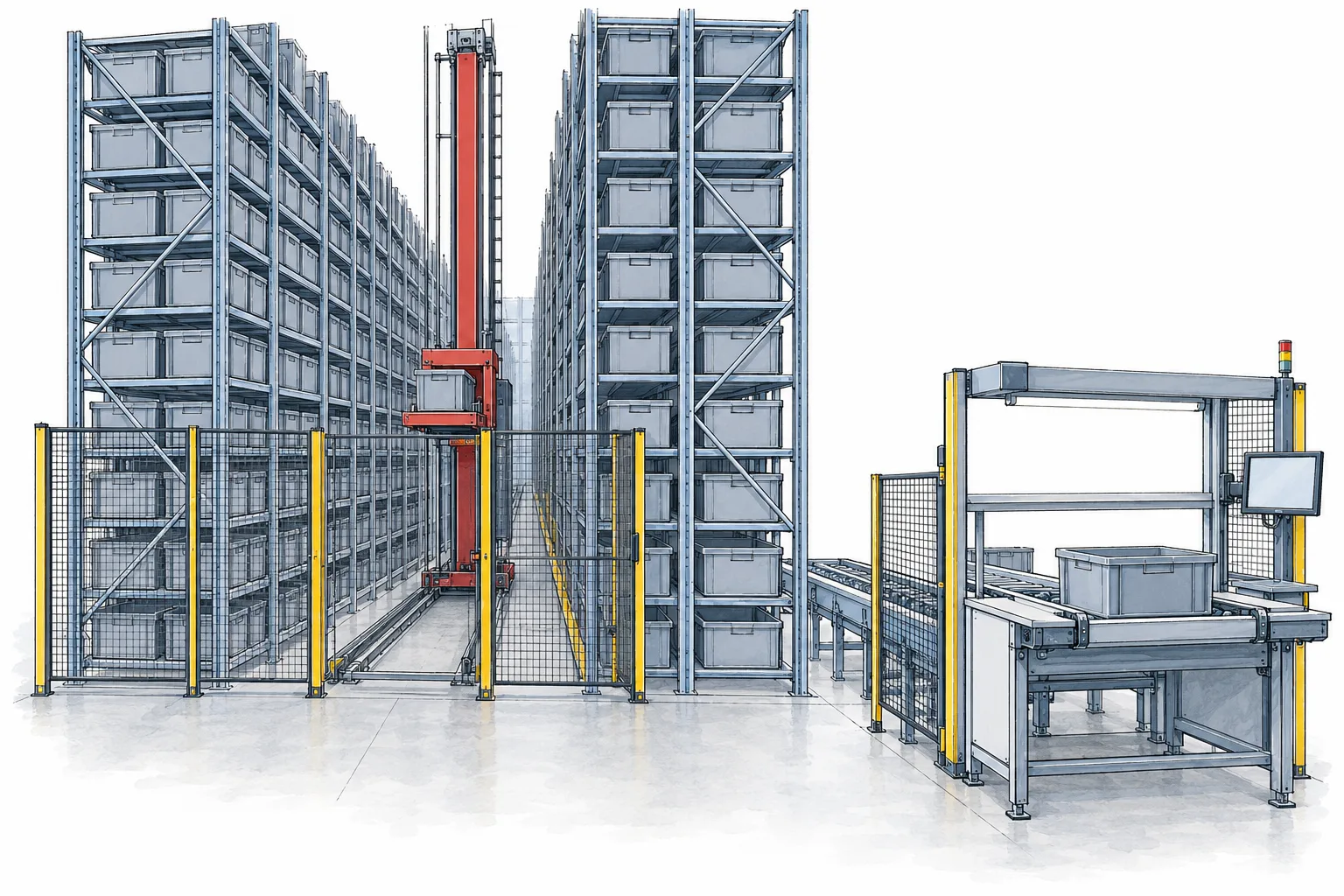 AI-generated conceptual planning drawing for automated tote storage