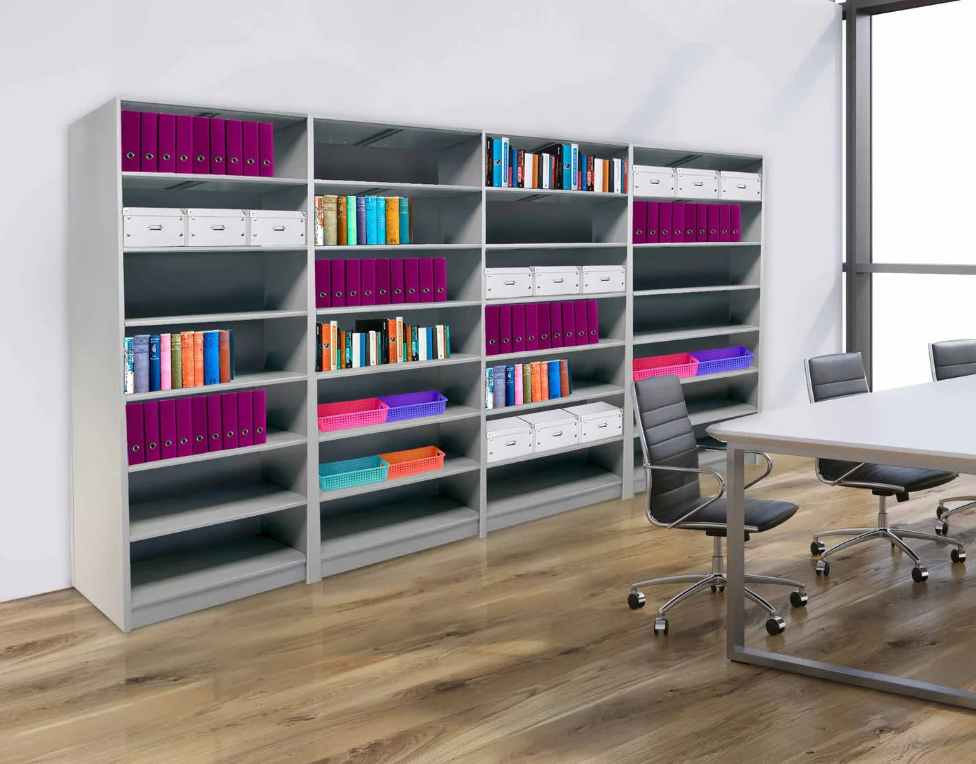 Aurora Quik-Lok four-post open shelving run holding binders, books and storage boxes in an office