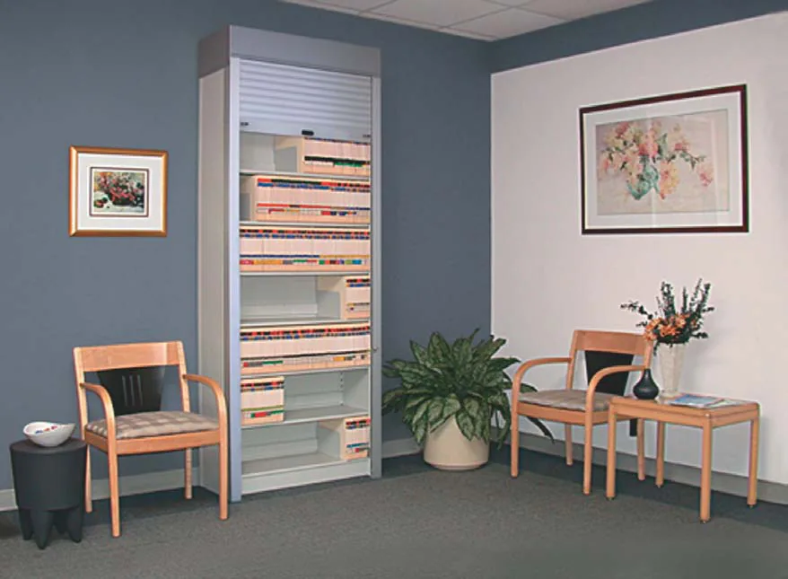Aurora Quik-Roll retractable security door open on a file shelving unit in a waiting area