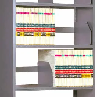 Close-up of Aurora shelf openings with file dividers holding color-coded folders upright