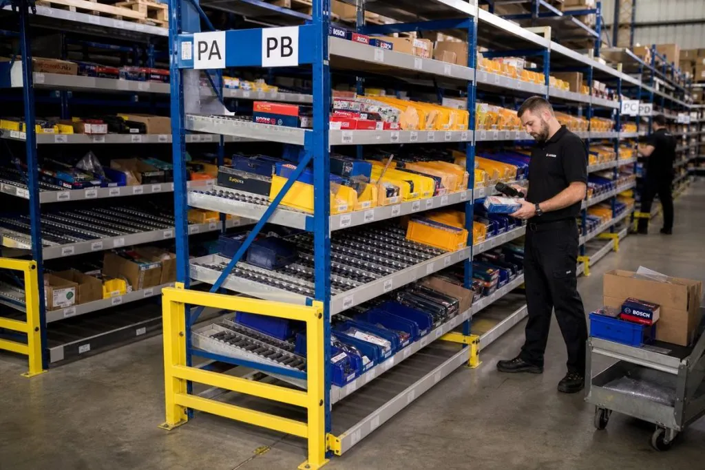 Order picker pulling fast-moving auto parts from carton flow rack lanes with labeled bins