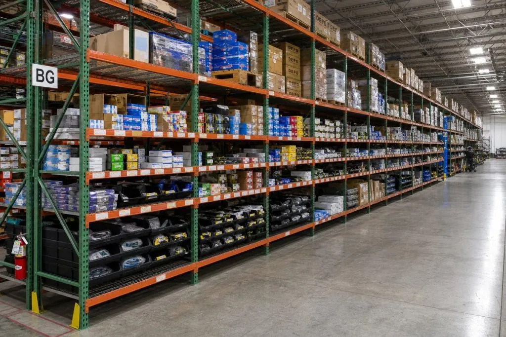 Selective pallet rack in an auto parts warehouse holding cartons on the upper beams and small parts bins at the pick face