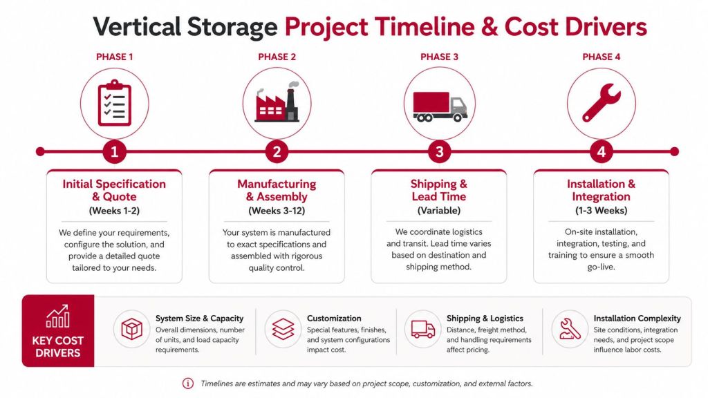 A project timeline chart for a vertical storage system showing four phases from initial quote to installation.