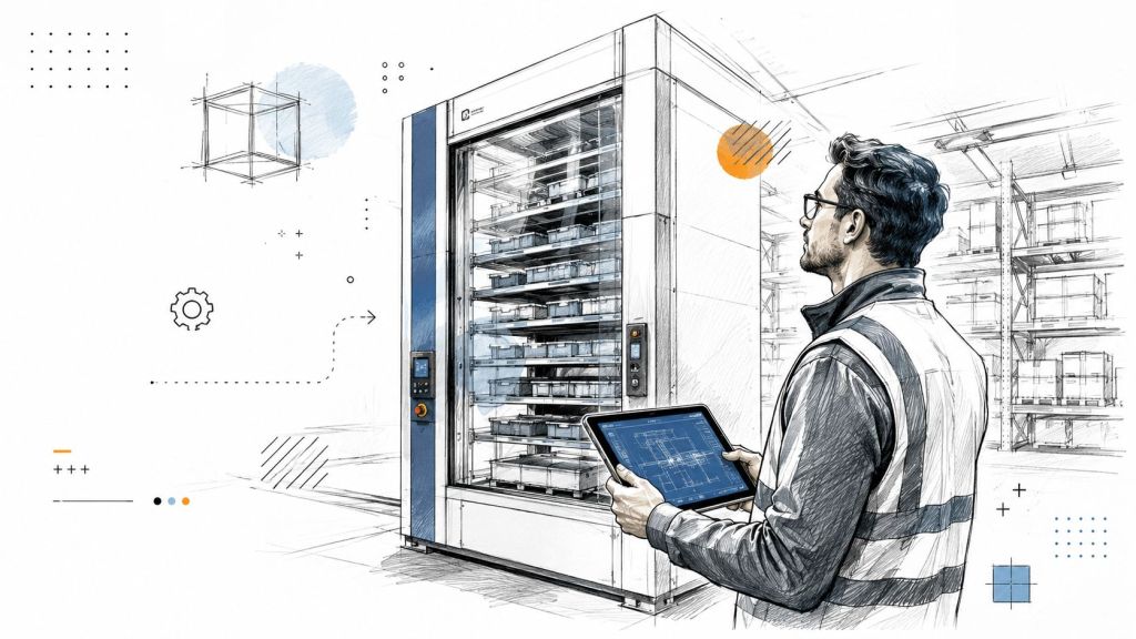 A technician using a tablet to operate an automated vertical storage unit in a warehouse facility.