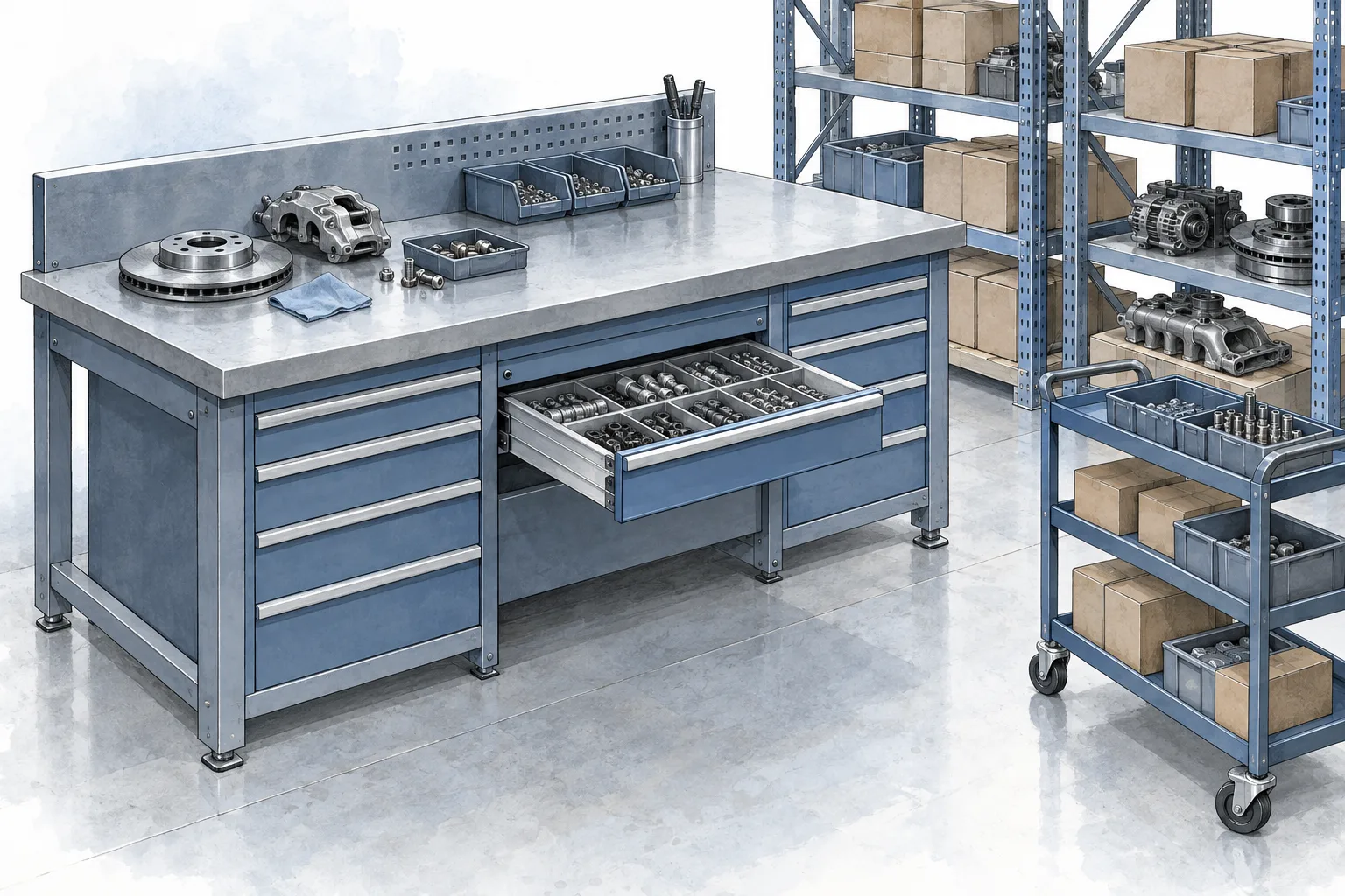 AI-generated conceptual illustration of a parts drawer workstation and shelving