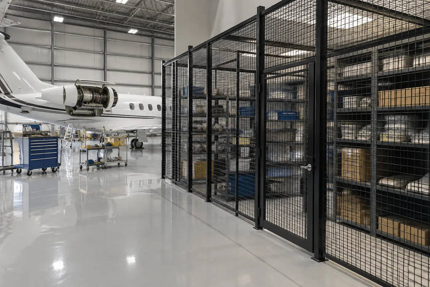 Black wire mesh parts cage with shelving for restricted components in an aircraft hangar