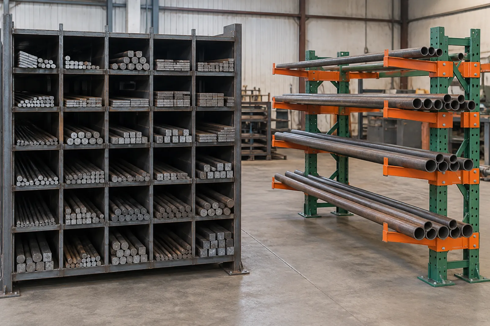 Heavy-duty cubby-style bar rack beside a structural cantilever rack holding long round tube
