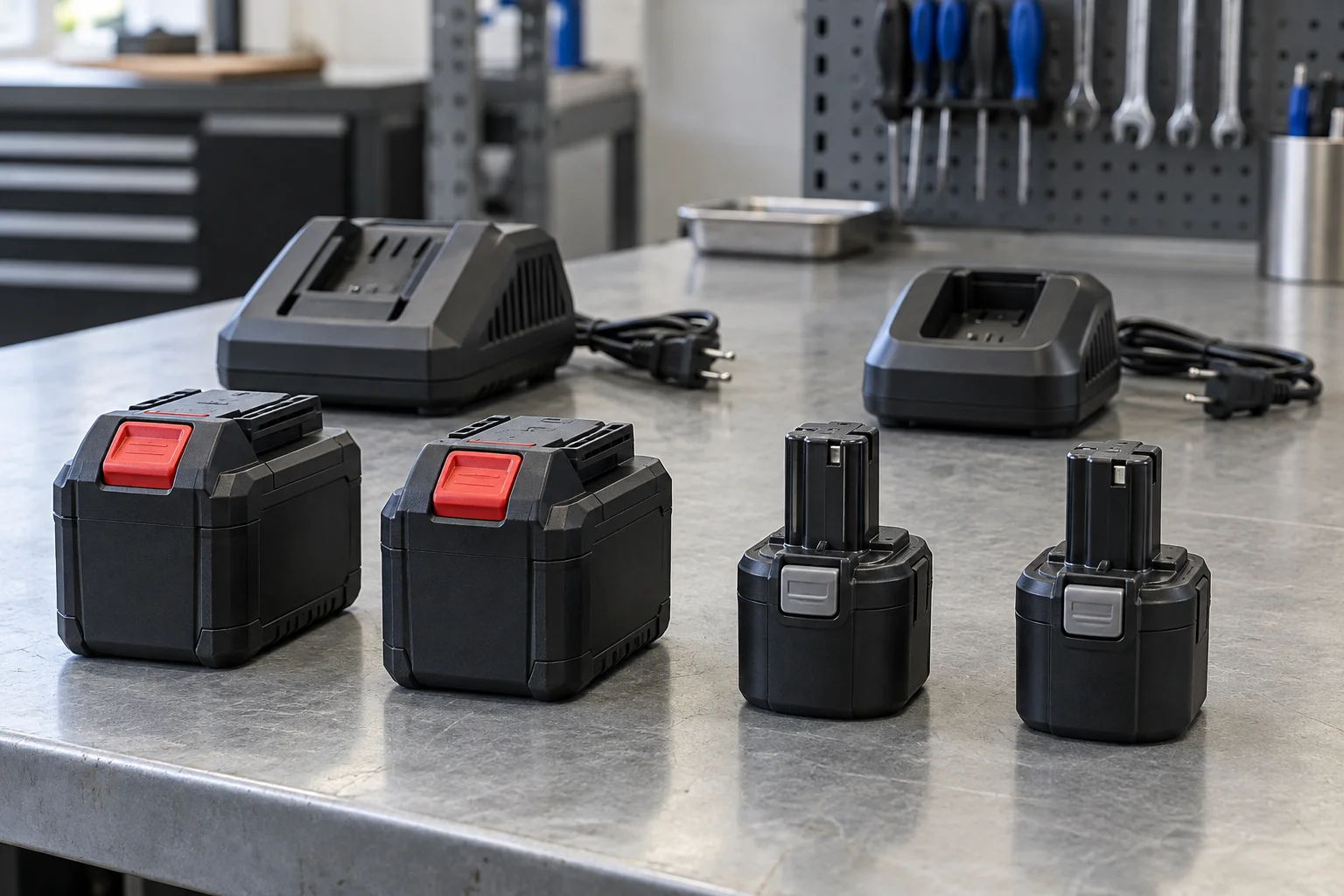 AI-generated photo concept of intact tool batteries and unplugged chargers