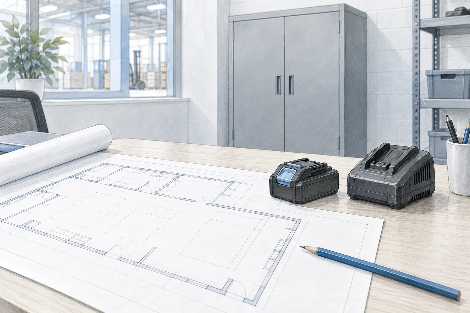 AI-generated drawing of battery inventory and an equipment planning desk