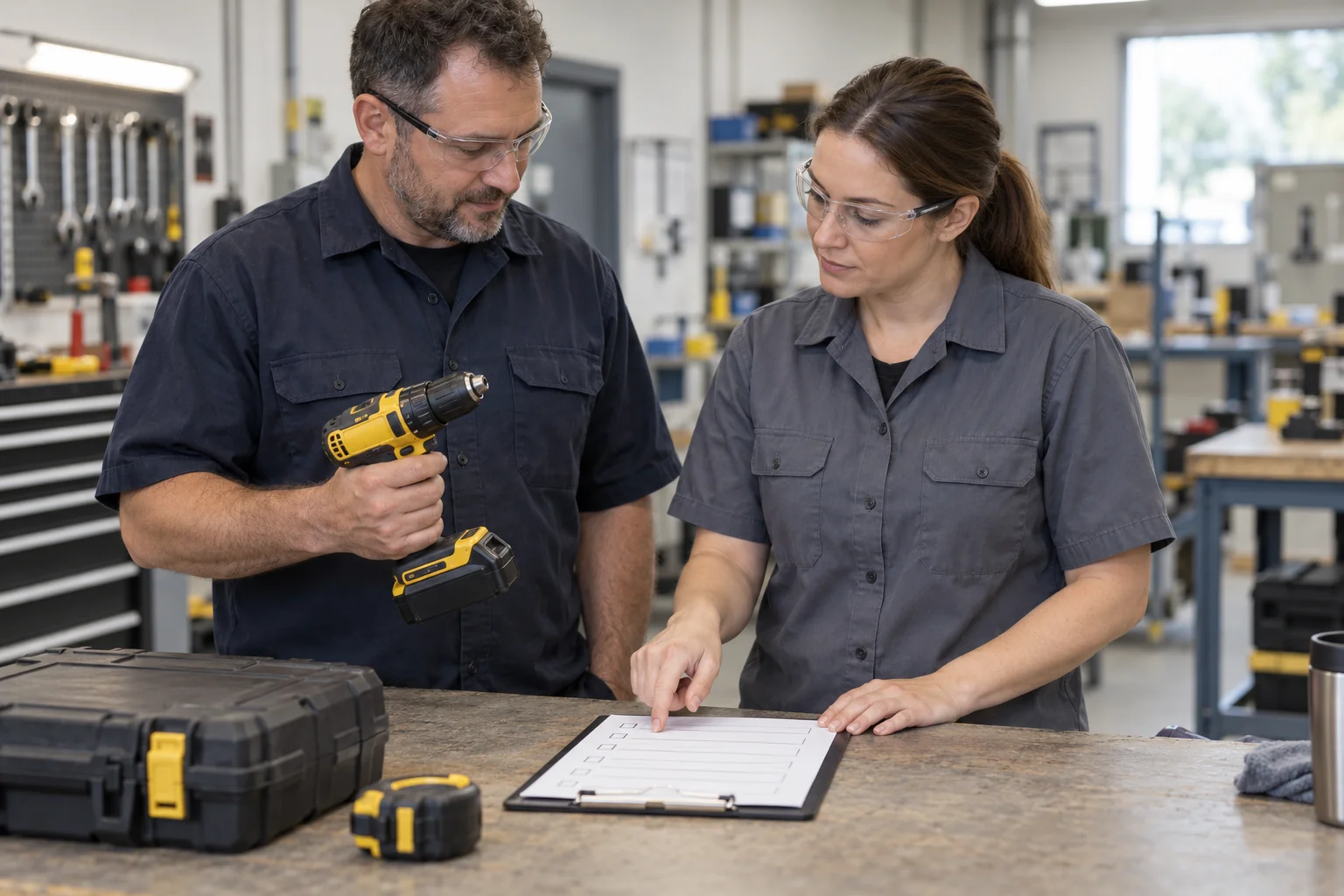 AI-generated photo concept of two staff reviewing cordless-tool inventory