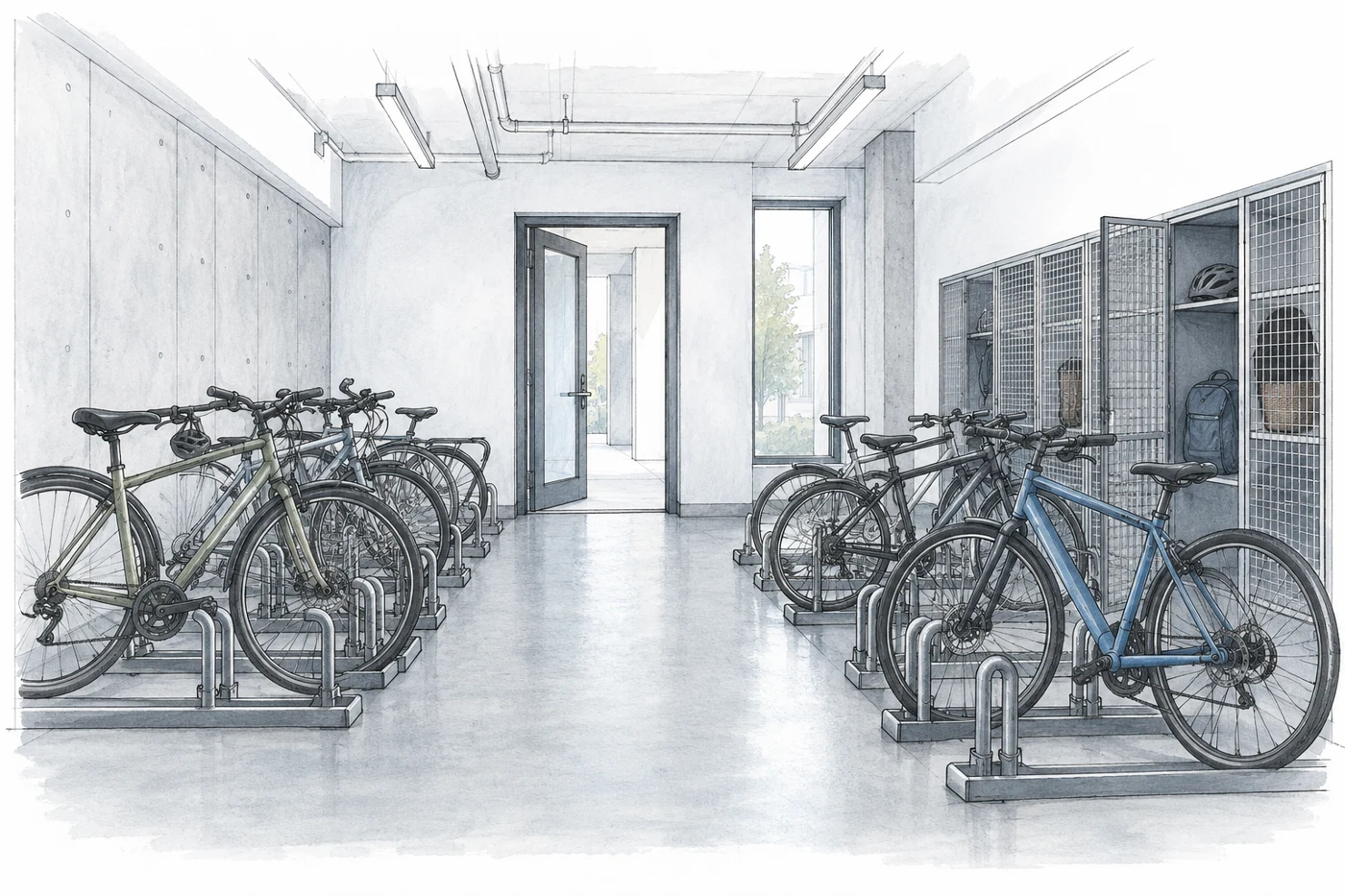 An apartment bicycle storage room with grounded horizontal bicycle racks, clear entry route, bicycles with ordinary frames and a few open wire tenant lockers