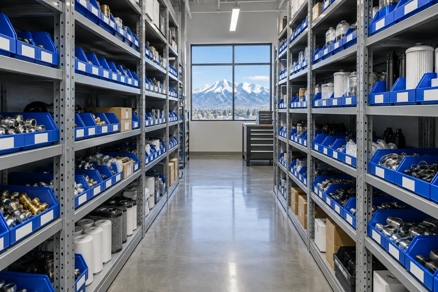 Aisle of steel bin shelving with blue shelf bins of fittings and filters in a Utah parts storeroom