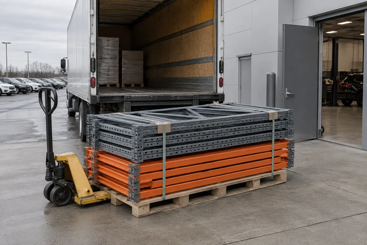 Bundled steel tire rack frames and orange beams on a pallet beside a box truck at a dealership service entrance