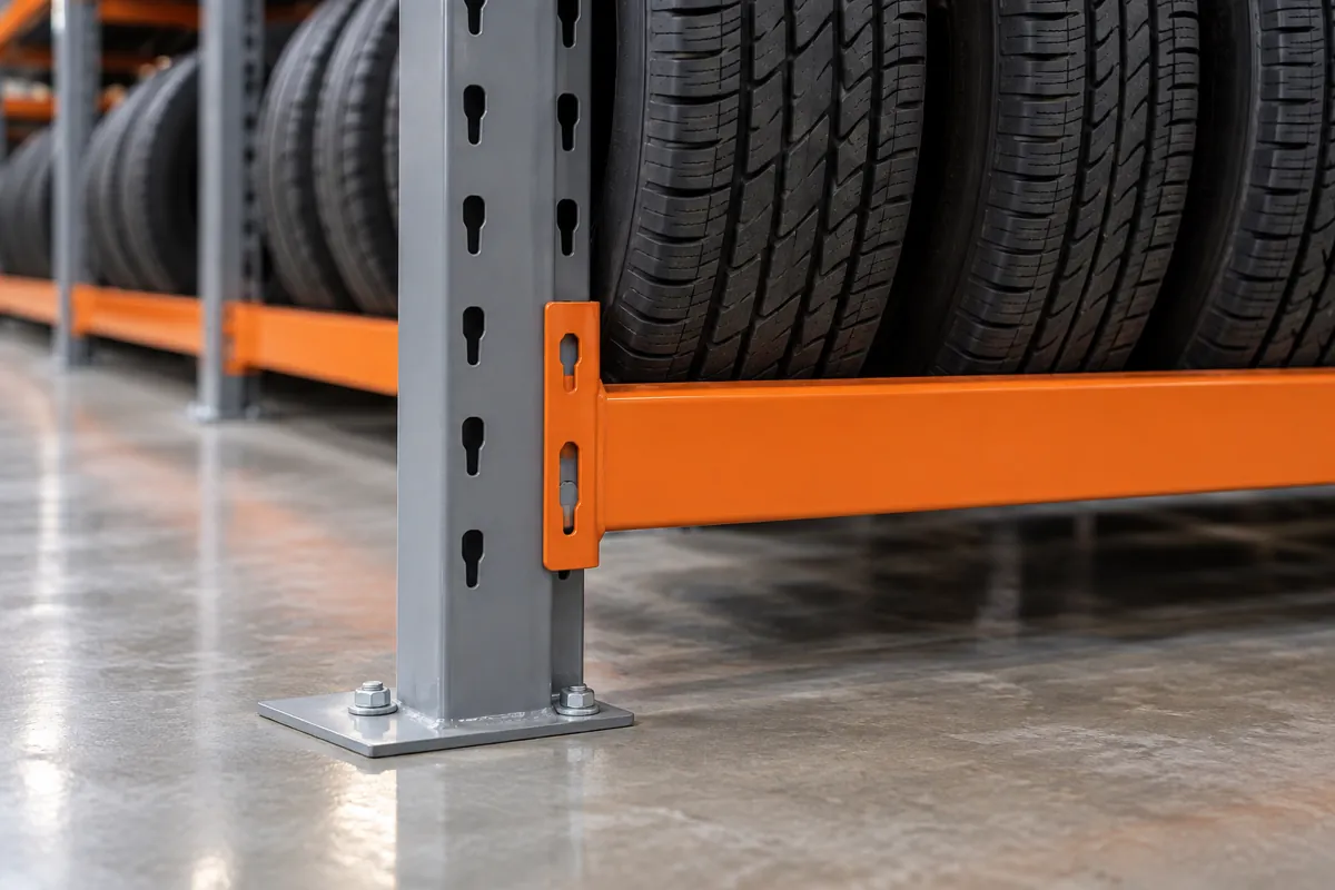 Tire rack upright frame standing on a bolted steel foot plate on a polished concrete floor with upright tires on the lowest level