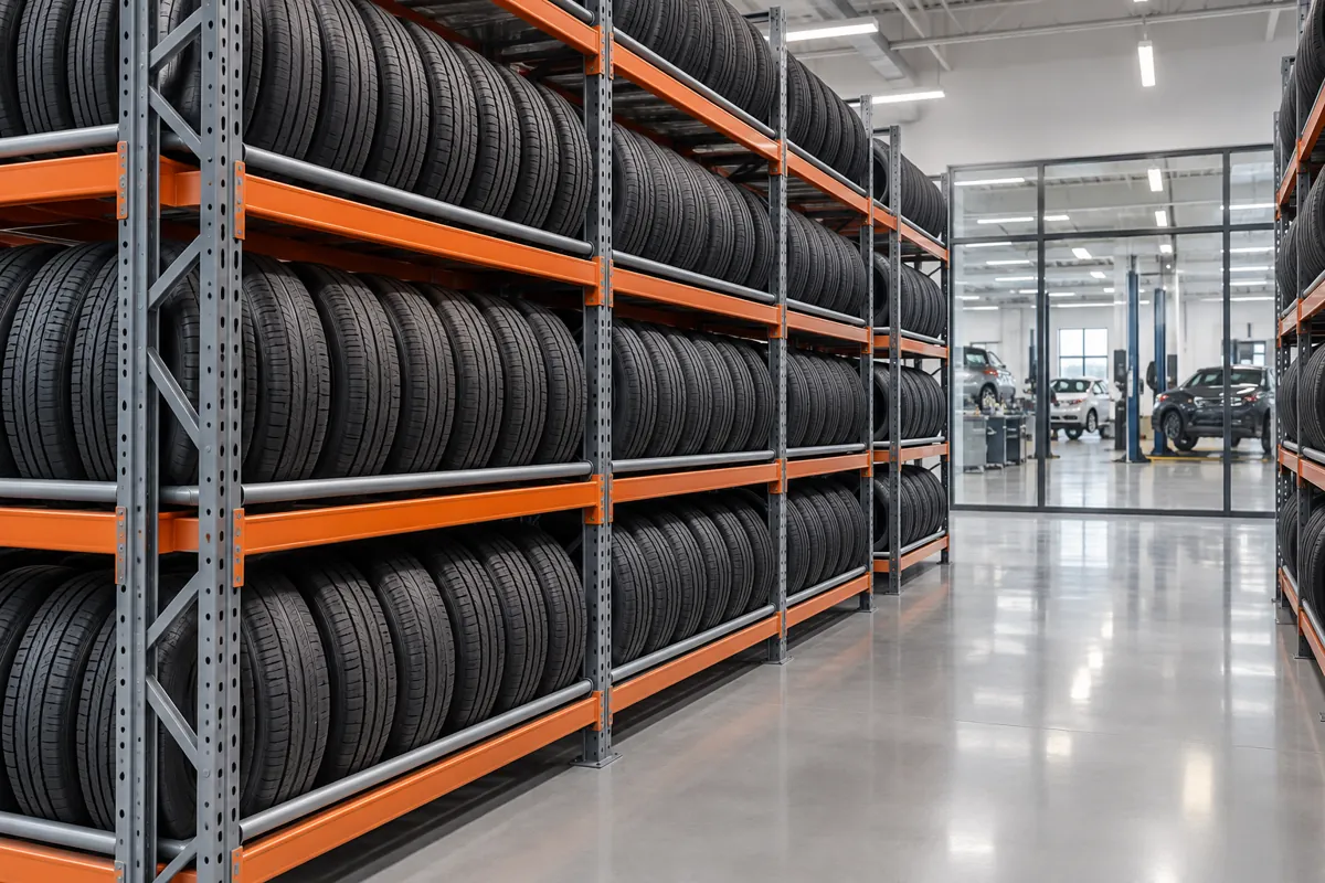 Dealership tire storage room with long runs of three-level steel tire rack, every level filled with low-profile tires standing upright on the tread and shown edge-on, service drive behind glass
