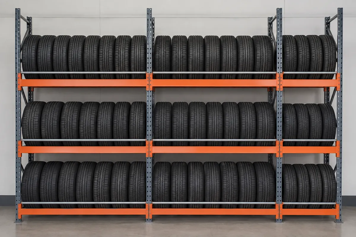 One run of three connected tire rack sections with a shorter final section, all three levels loaded with upright tires
