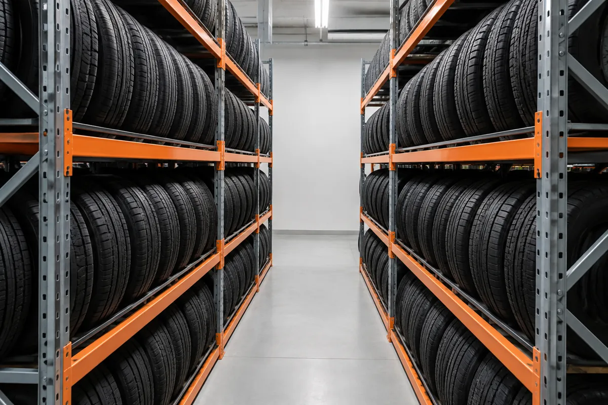 Aisle between two runs of three-level steel tire rack in a dealership tire room, all tires upright and edge-on