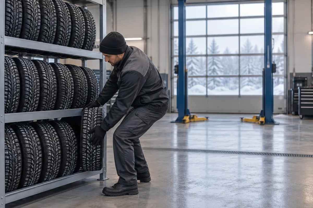 Technician lifting an upright winter tire from the bottom level of a steel tire rack in a dealership service bay in winter