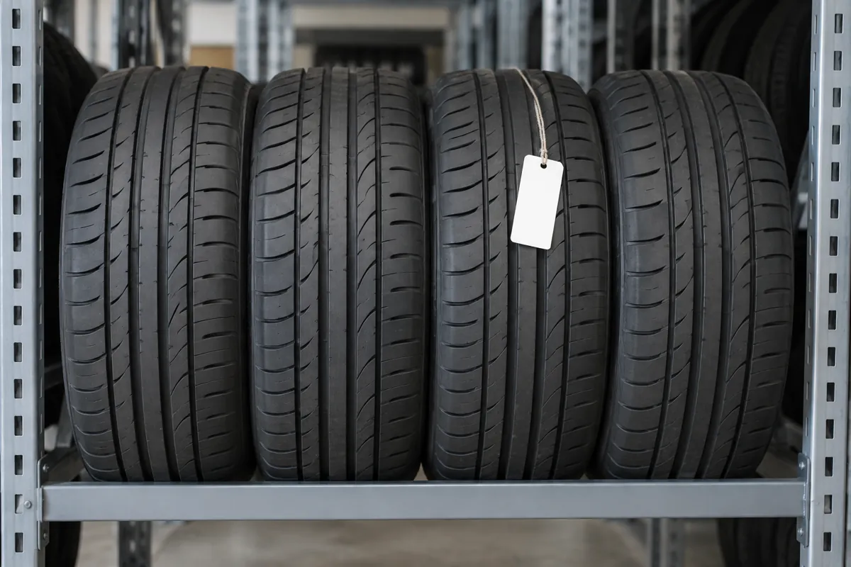 Matched set of four low-profile performance tires standing upright side by side on one tire rack level with a blank tag