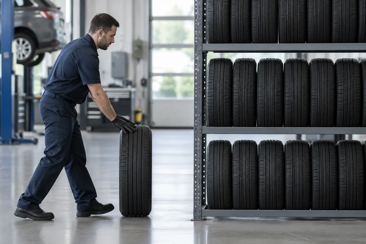 Dealership technician rolling a single tire toward a three-level steel tire rack of upright edge-on tires