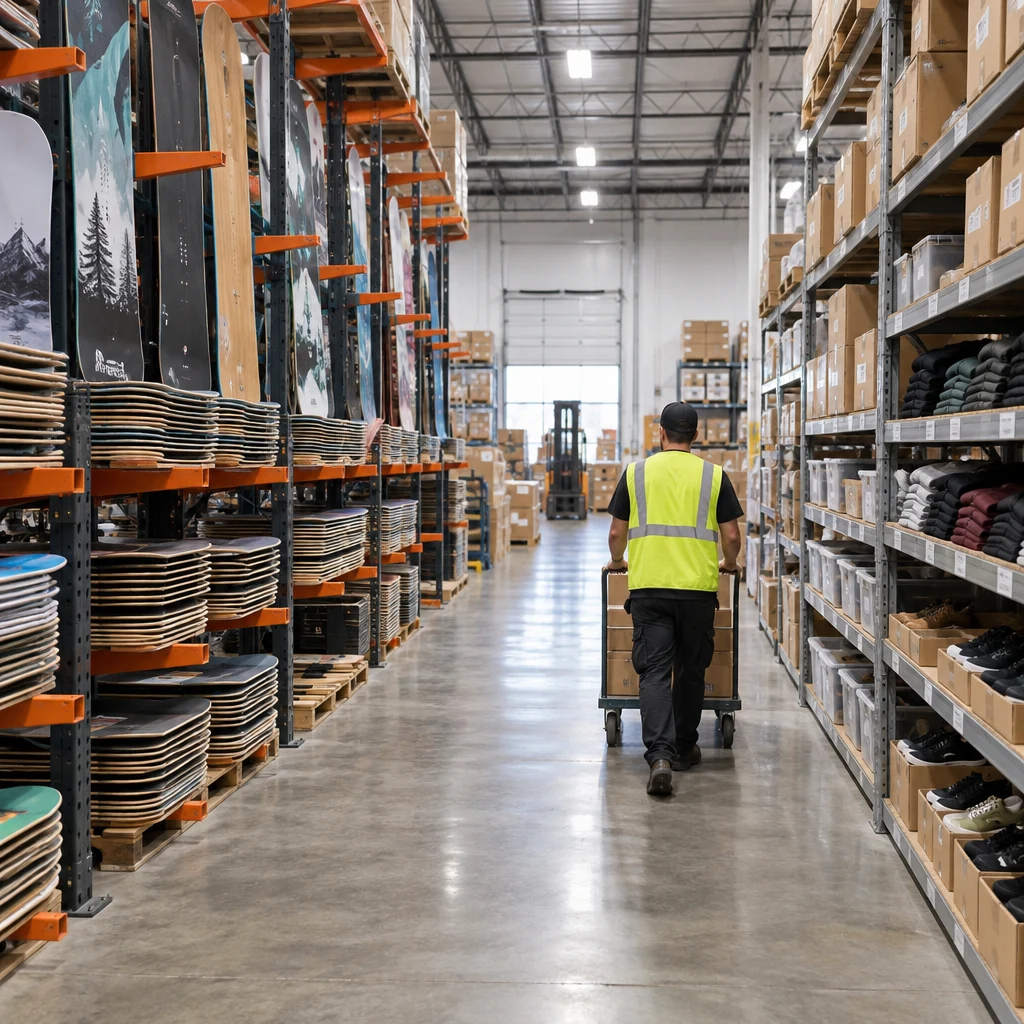 Warehouse worker moving a cart past cantilever rack holding skateboard decks and snowboards next to shelving of boxed apparel and footwear