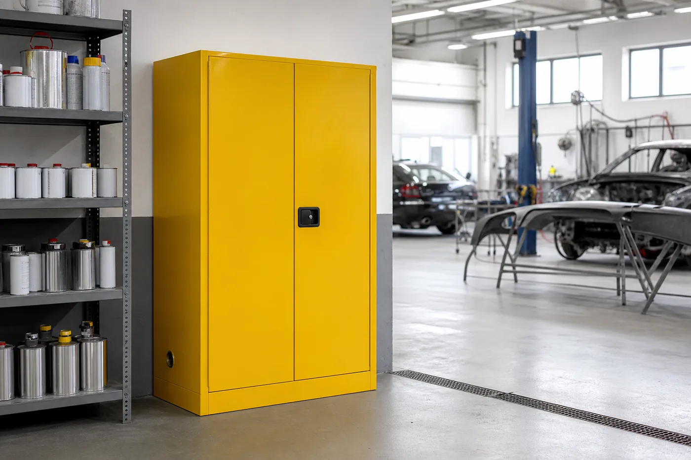 Yellow flammable liquid safety storage cabinet in an automotive body shop