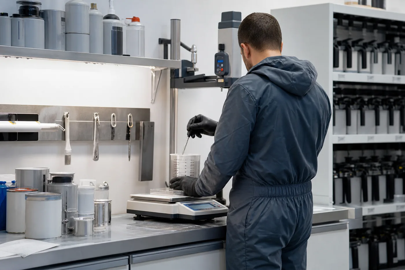 Technician mixing automotive refinish paint at a mixing bench with a digital scale