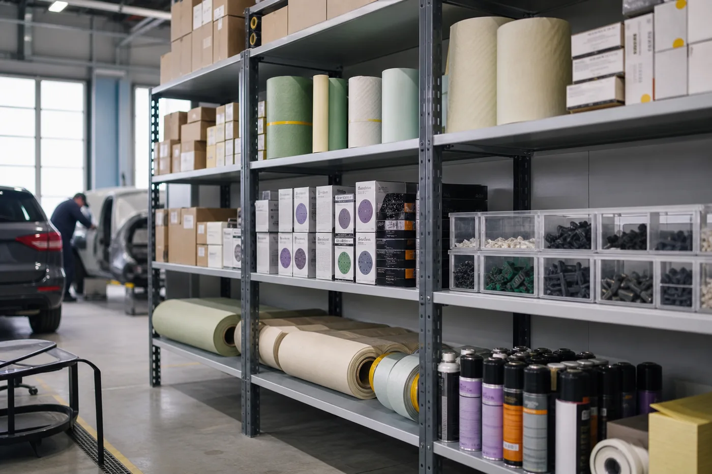 Boltless shelving holding refinish consumables, masking paper and small parts bins in a body shop