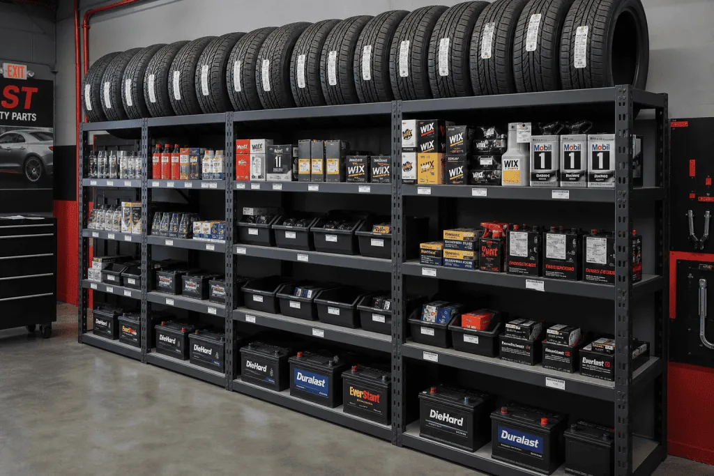 Steel parts shelving loaded with automotive accessories and boxed parts with tires stored above