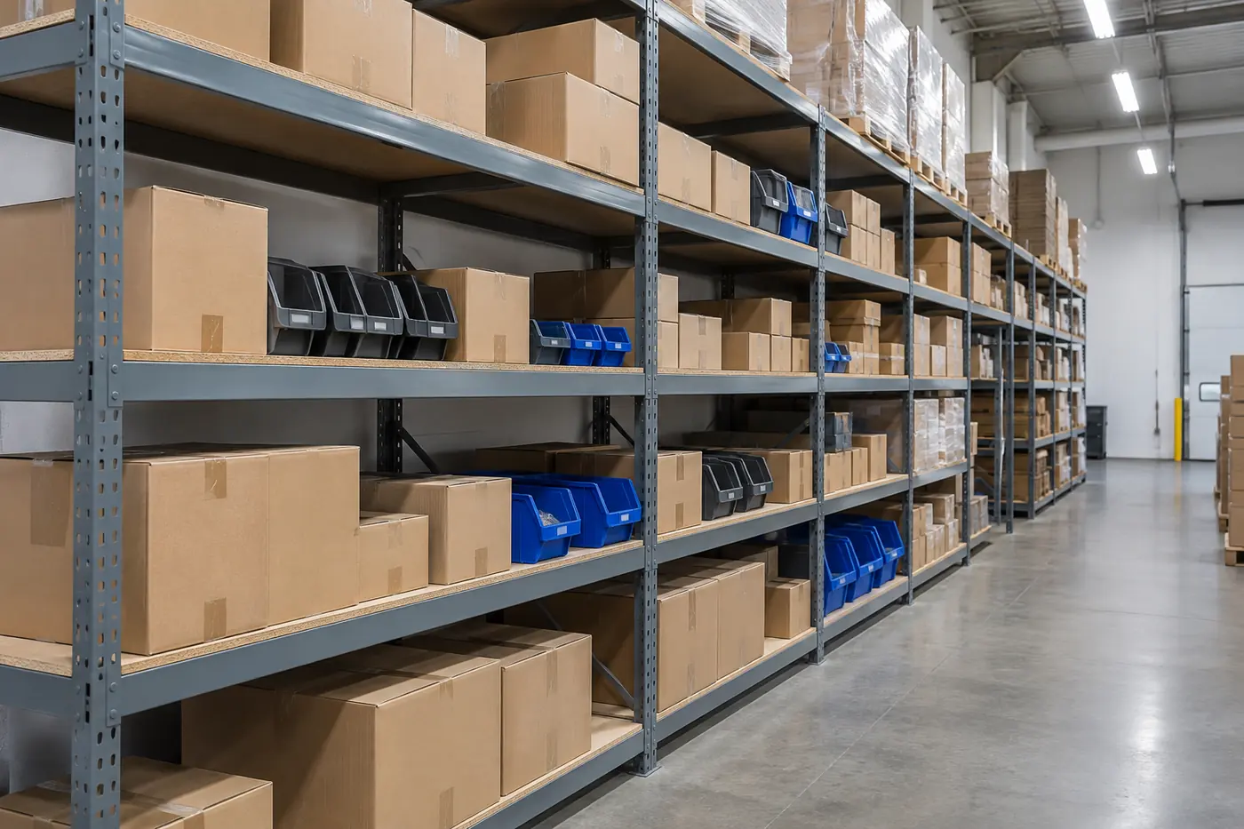 Run of grey boltless rivet shelving with riveted steel beams and particle board decks holding cartons and parts bins in a warehouse stockroom