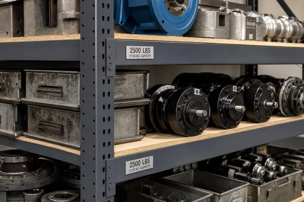 Heavy-duty boltless shelving bay with particle board levels holding heavy cast machine parts
