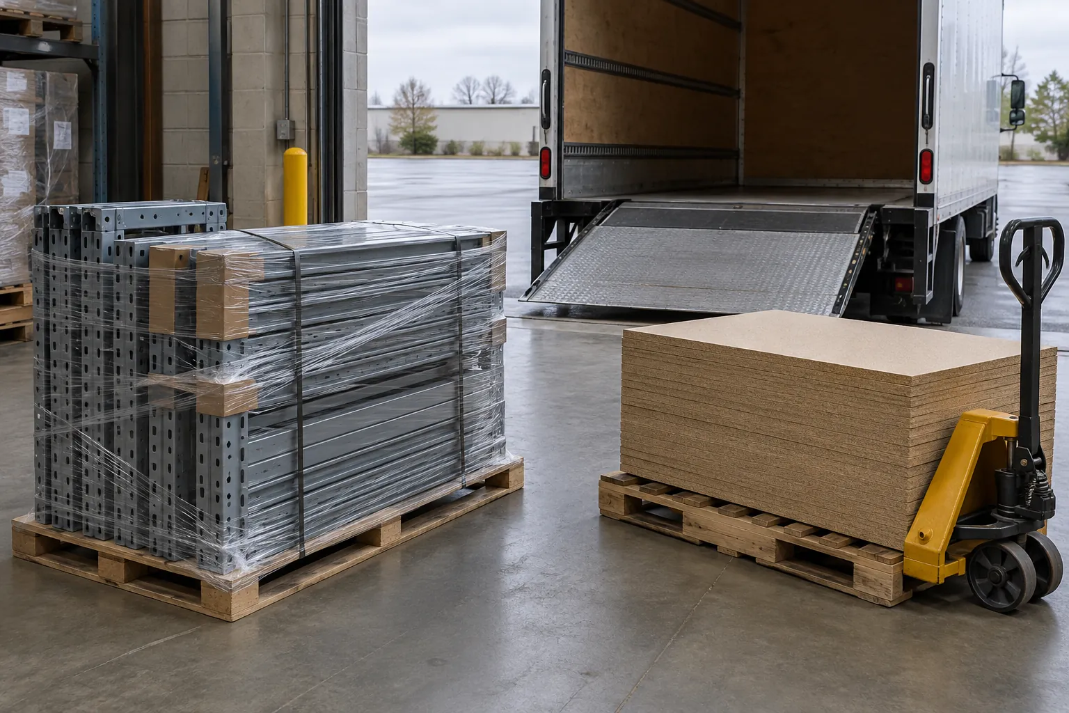 Shrink-wrapped pallet of boltless shelving posts and beams and a stack of particle board decks beside a box truck at a receiving dock