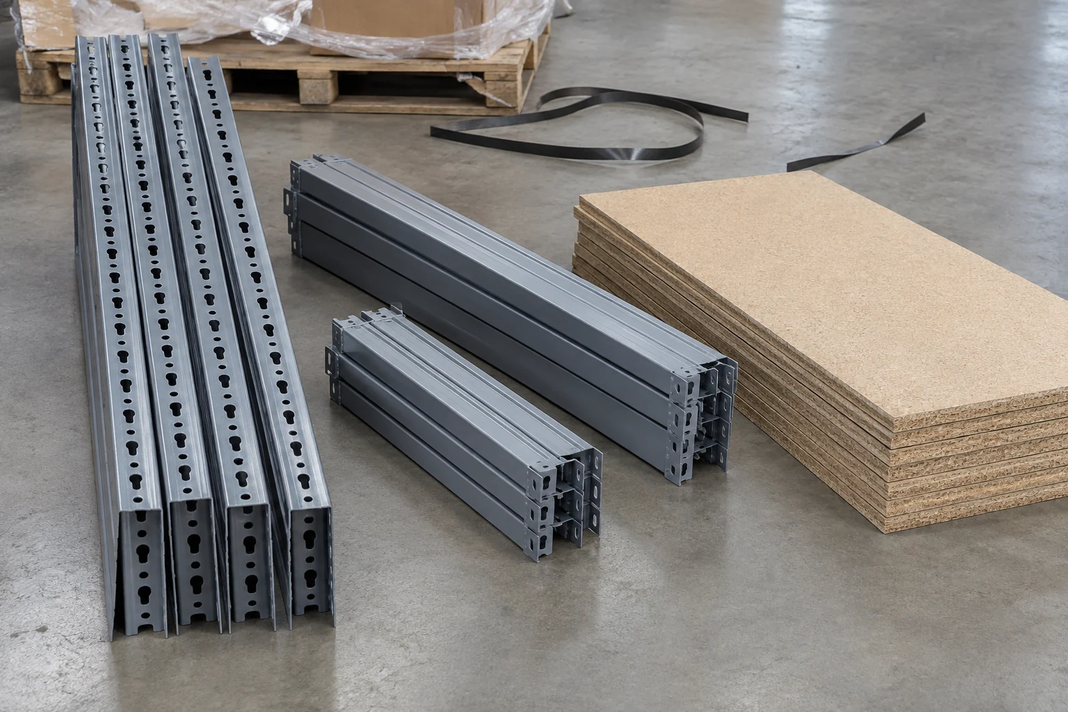 Boltless shelving posts, long and short double rivet beams and particle board decks unpacked from a freight pallet and sorted by type